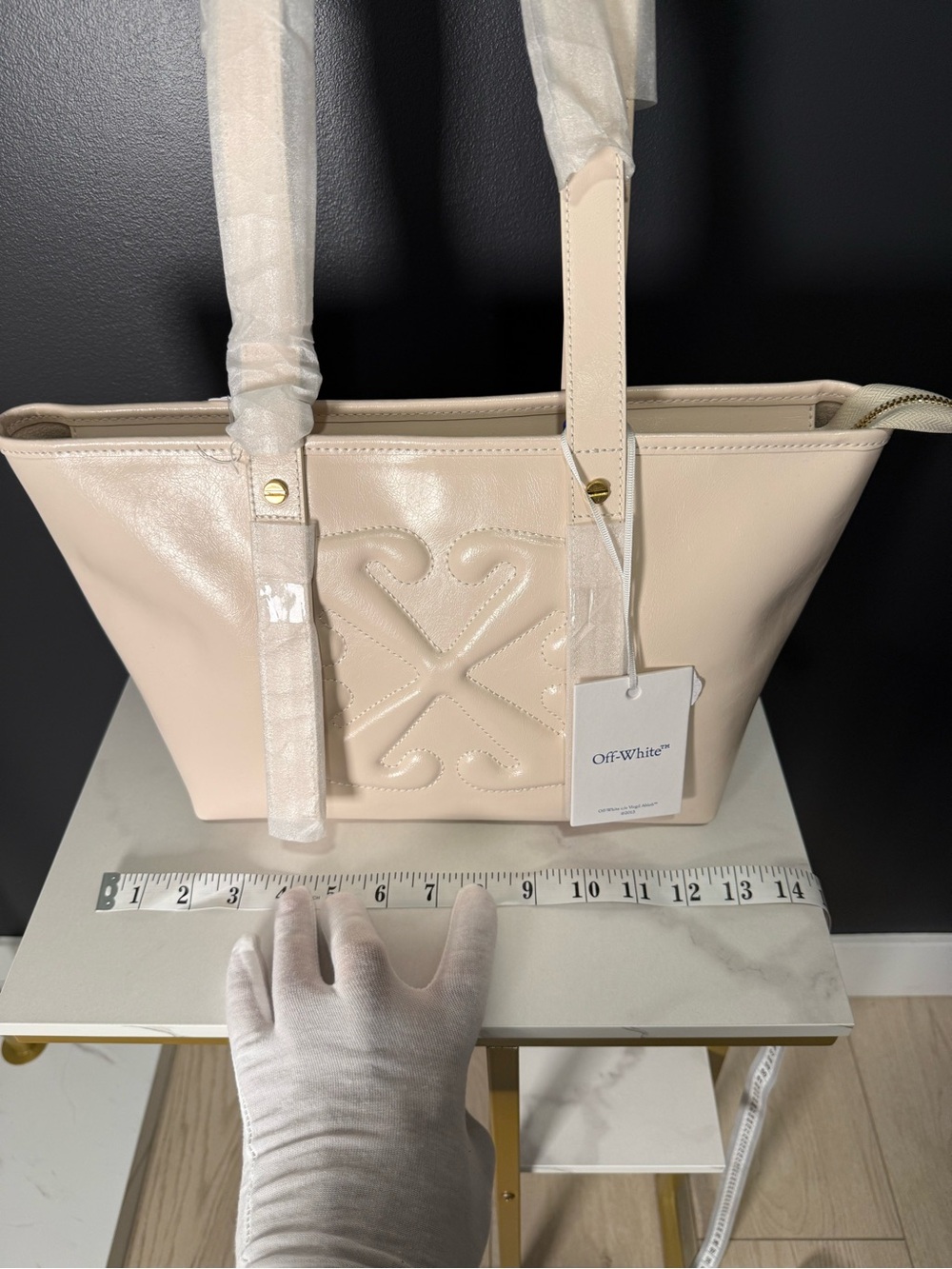Off-White Cream Leather Embossed Logo Tote - Picture 2 of 3